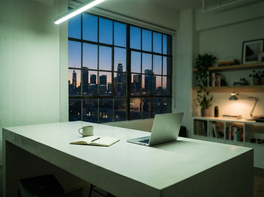 A modern studio apartment workspace, laptop on a white concrete desk (ly3sohqe)