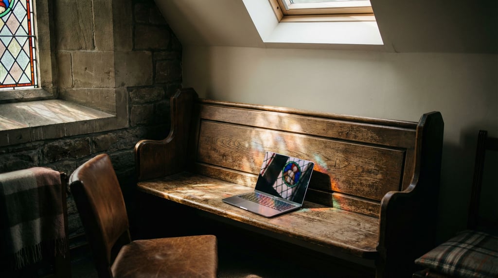 A corner of a converted church office, laptop on an old wooden pew repurposed as a desk