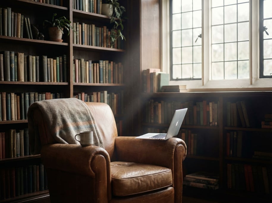 A library reading nook with a laptop balanced on the armrest of a worn leather chair