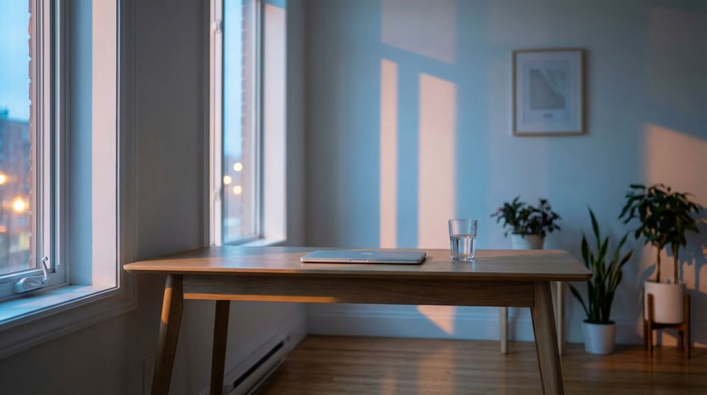 An empty minimal desk with just a closed laptop and a glass of water, clean white walls (4poh875q)