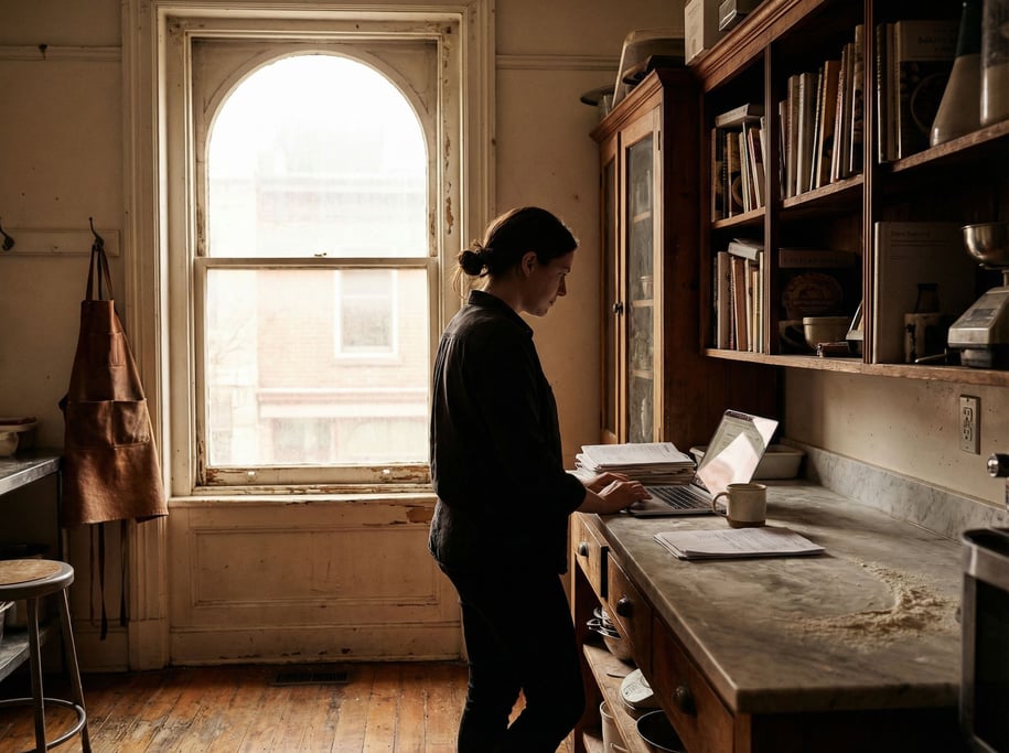 A bakery office above the kitchen, laptop on a flour-dusted marble counter