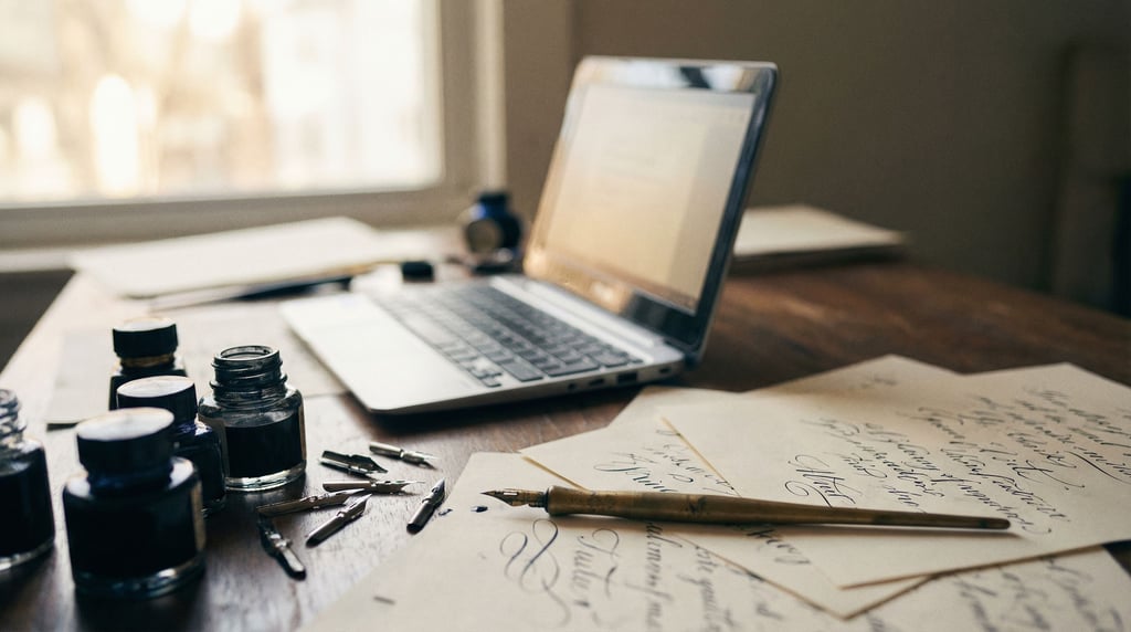 A calligrapher's workspace, laptop next to ink bottles, nibs