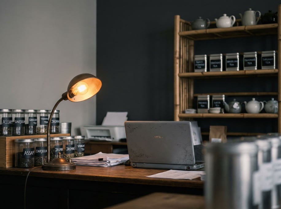 A tea shop back office, laptop next to rows of labeled tea canisters, bamboo shelf, warm amber light