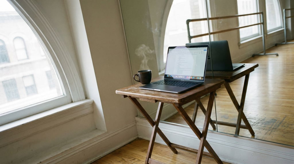 A ballet studio office corner, laptop on a folding table against a mirrored wall (gwjdzc0d)