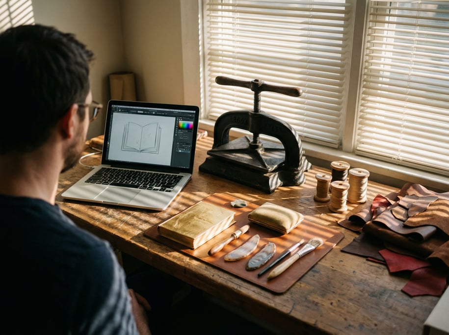 A bookbinder's studio, laptop next to a book press and gold leaf tools (kvcrasq)