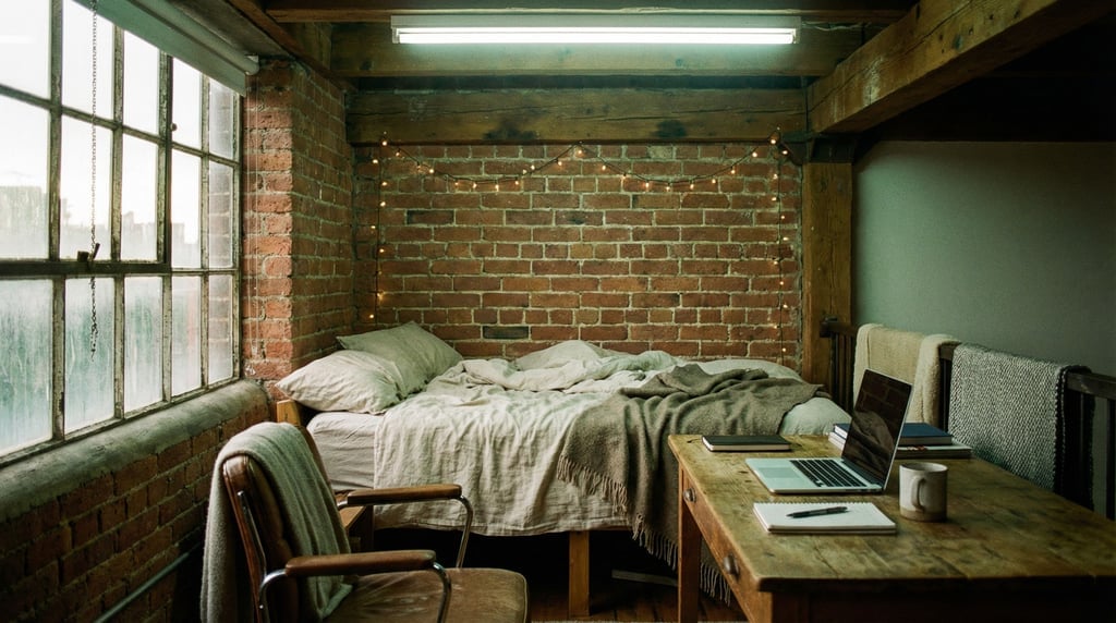 A loft bedroom workspace, laptop on a desk at the foot of an unmade bed, exposed brick wall (ezwlgzn)