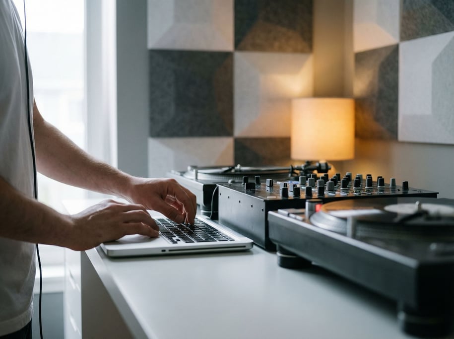 A vinyl DJ's home studio, laptop next to turntables and a mixer, acoustic foam panels on the wall (2bk1vctx)