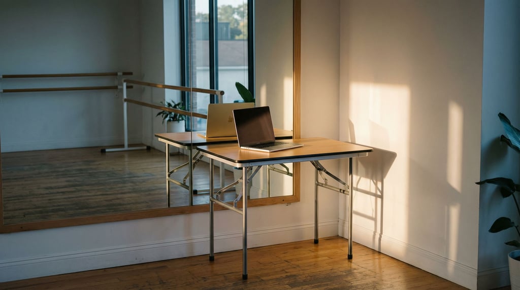 A ballet studio office corner, laptop on a folding table against a mirrored wall (mrrorn17)