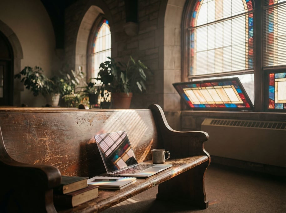 A corner of a converted church office, laptop on an old wooden pew repurposed as a desk (m1ujvccb)