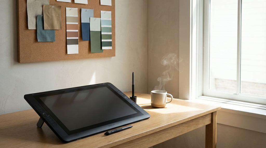 A designer's modern workspace with a tablet and stylus on a light desk (fnalp5ed)