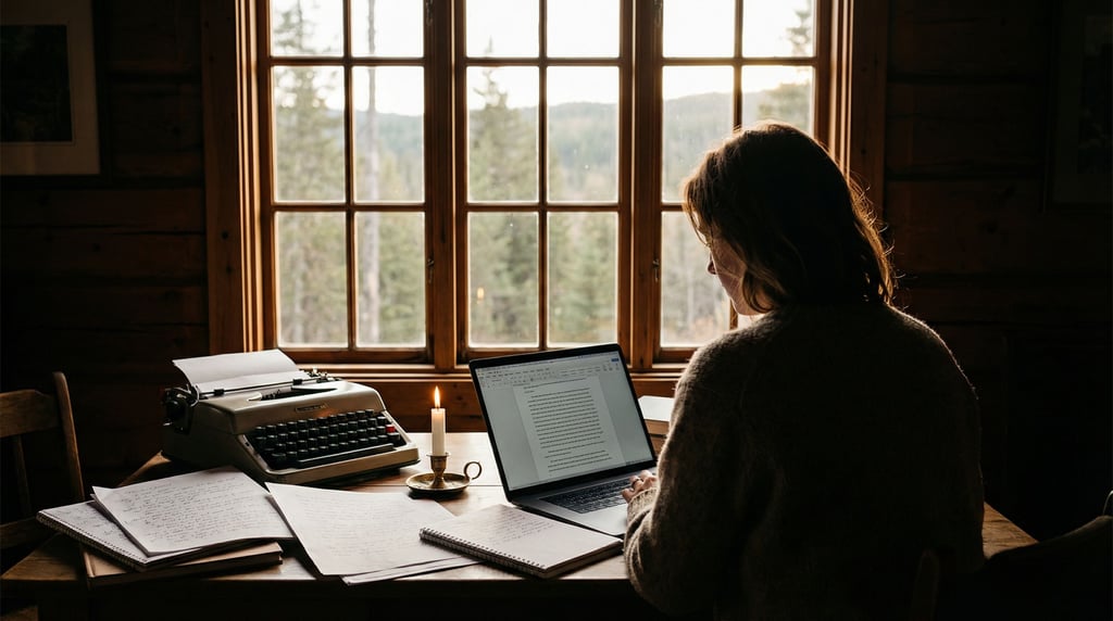 A writer's cabin desk, vintage typewriter pushed to the side, laptop open (g1p)