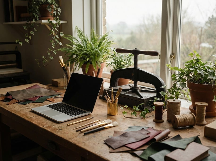 A bookbinder's studio, laptop next to a book press and gold leaf tools (d4qrrstr)