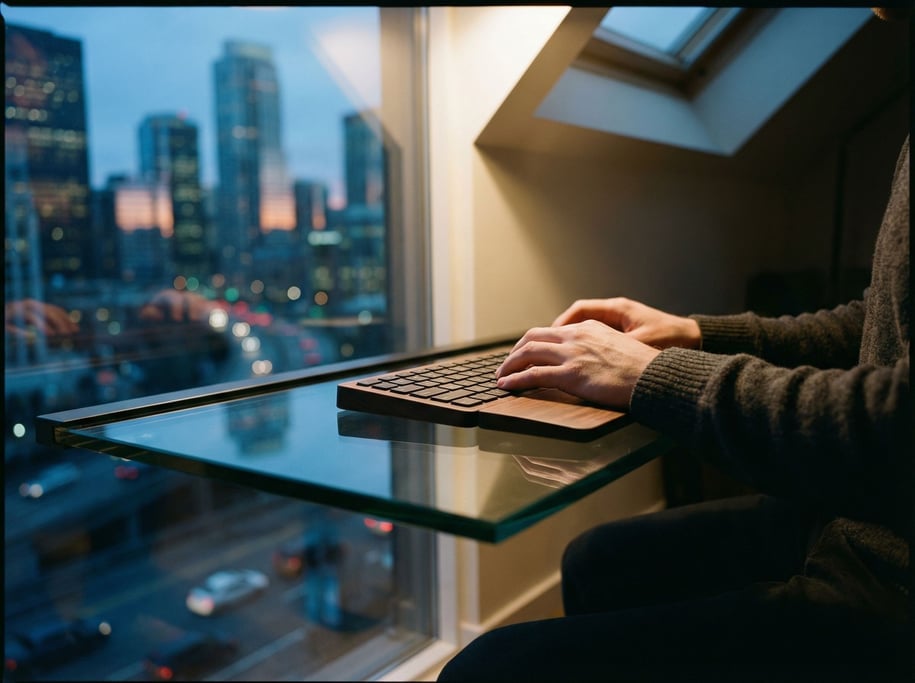 A penthouse home office with wraparound windows, slim desk floating against the glass (x)