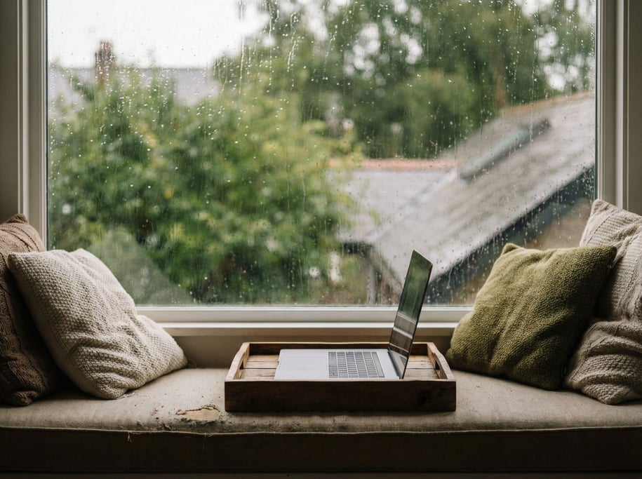 A window seat turned into a workspace, cushions pushed aside, laptop on a wooden tray (w8mp5ghu)