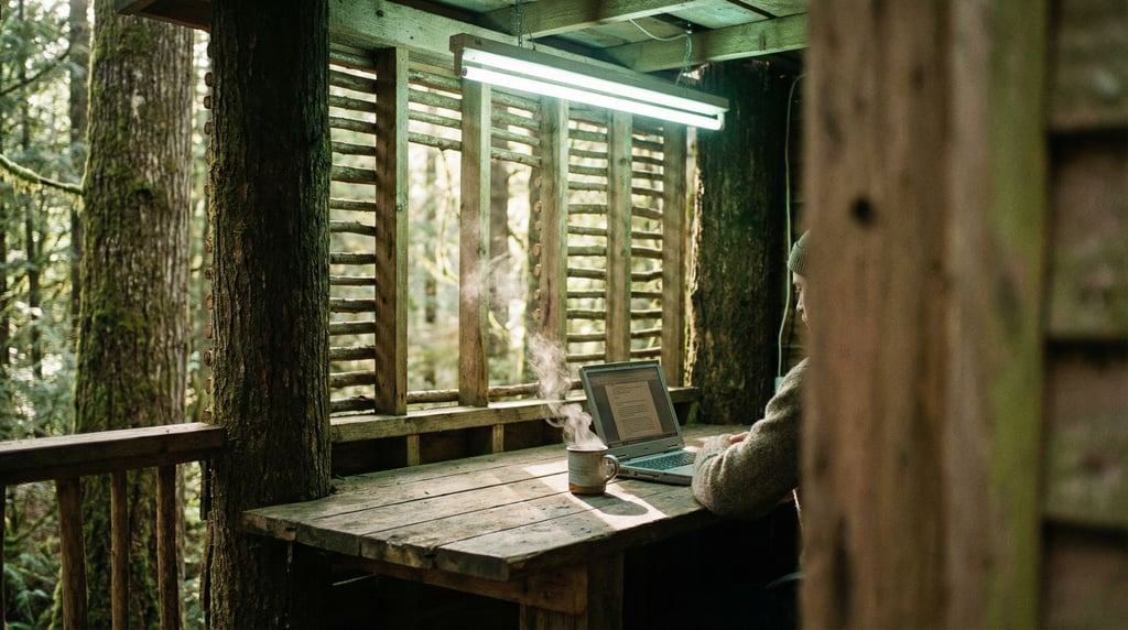 A treehouse office, laptop on a rough-hewn plank desk, branches visible through open slat walls (6yueat8d)