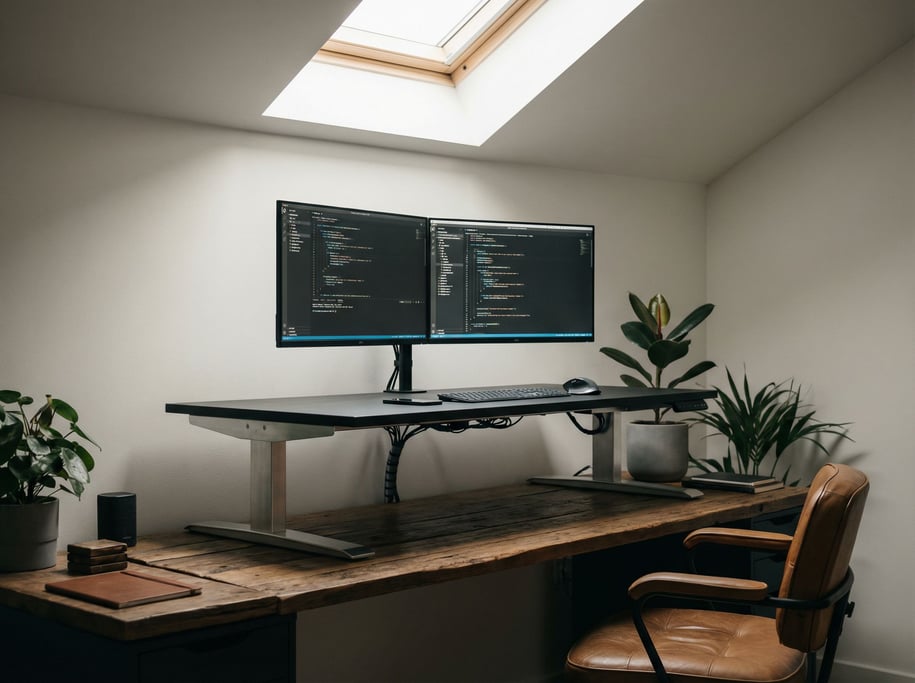 A modern workspace with dual monitors on a sit-stand desk, cable-managed (hbu)