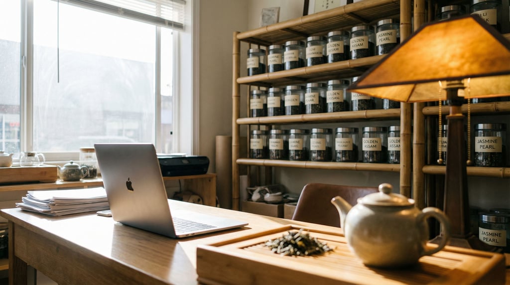 A tea shop back office, laptop next to rows of labeled tea canisters, bamboo shelf, warm amber light (8x)