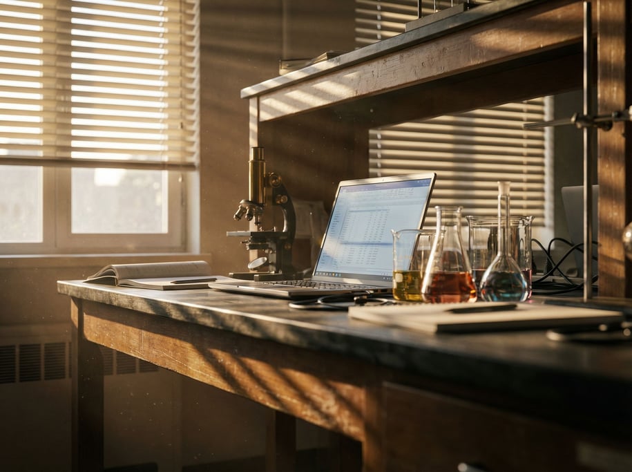 A scientist's lab bench doubling as a workspace, laptop next to a microscope (wefacwra)