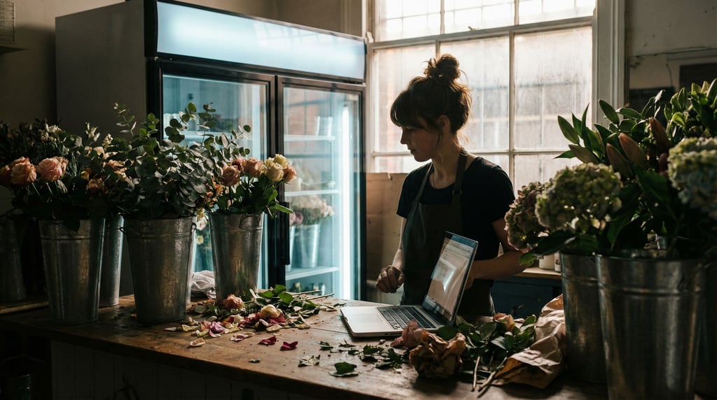 A florist's back room workspace, laptop surrounded by buckets of stems, petals on the counter (2r6gckri)