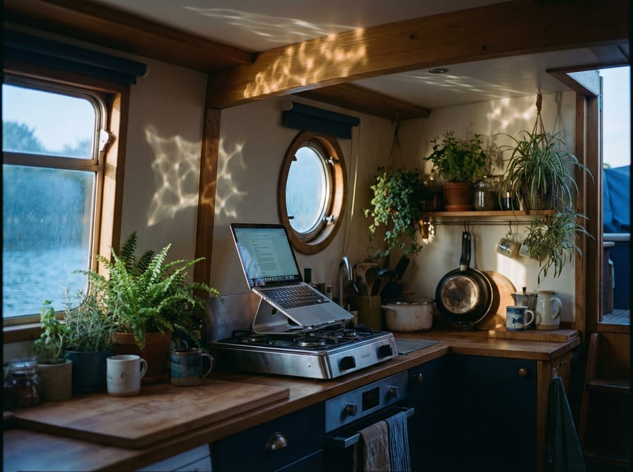 A houseboat galley workspace, laptop wedged between the stove and a porthole (gxj0c3uy)