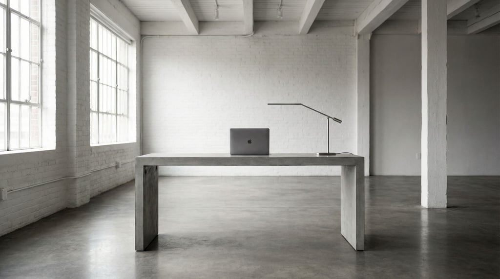 A minimal concrete desk with a laptop and a single architectural lamp, sharp clean lines (evxrgupb)