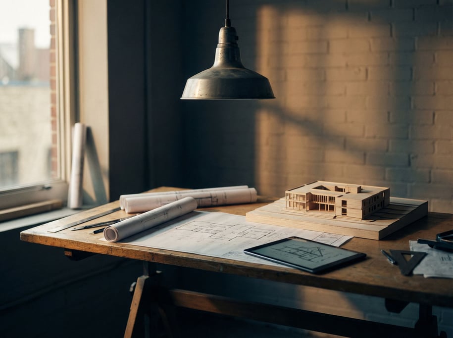 An architect's drafting table with blueprints, a scale model, and a slim tablet (u7enkg)