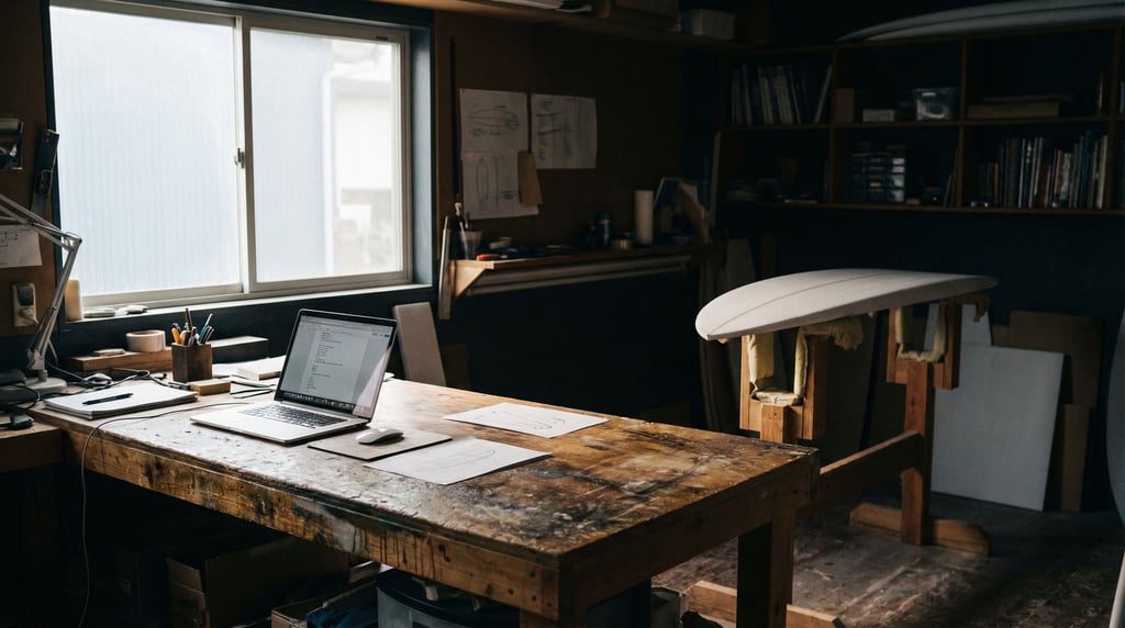 A surfboard shaper's workshop office, laptop on a resin-stained bench (ybztyu8u)