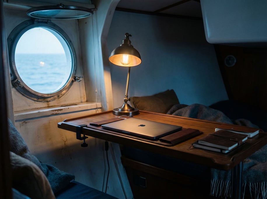 A boat cabin workspace, laptop secured on a narrow teak desk (bfzwnr4m)