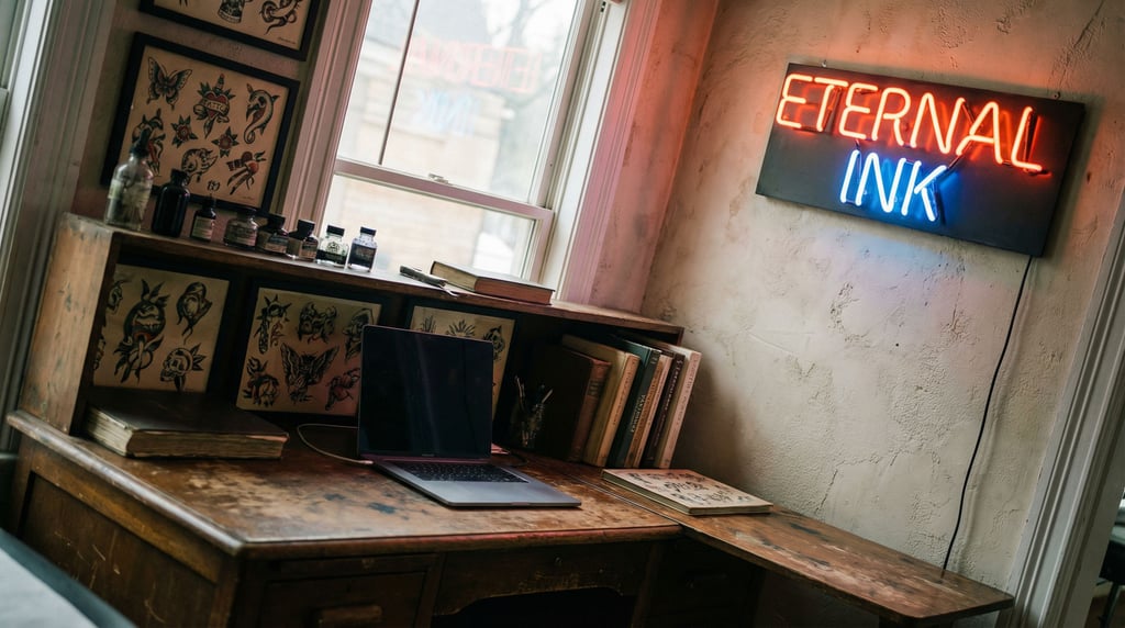A tattoo parlor office nook, laptop next to flash sheets and ink bottles (r)
