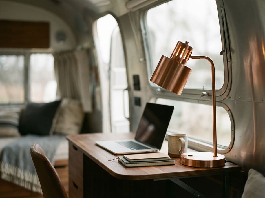 A vintage Airstream interior converted to an office, compact desk with a laptop (die1)