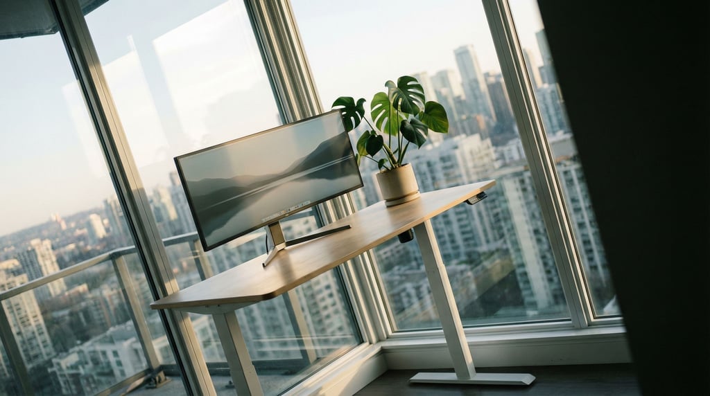 A modern standing desk near floor-to-ceiling windows, ultrawide monitor, single plant (h7c3go1b)