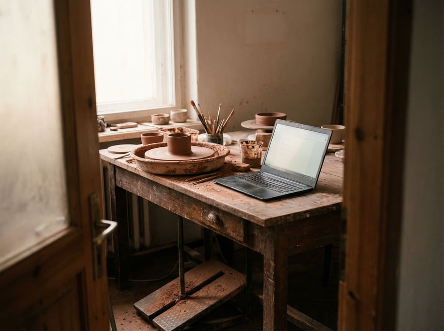 A ceramicist's workbench doubling as a desk, laptop next to a pottery wheel (ts41xrrd)