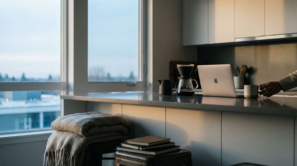 A modern kitchen counter repurposed as a workspace, MacBook next to a pour-over coffee setup (ckhaprzl)