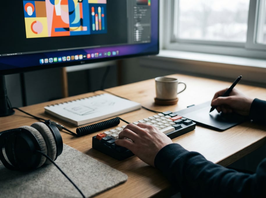 A modern creative studio with a large screen showing design work, clean desk (qrxunh3x)