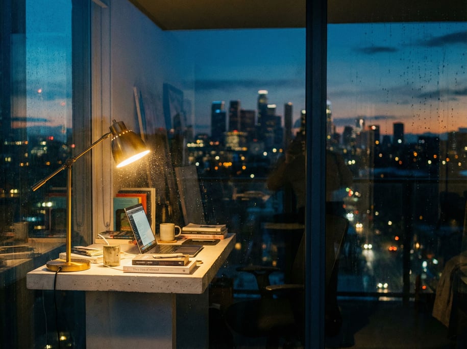 A modern studio apartment workspace, laptop on a white concrete desk (lsvkxvgm)