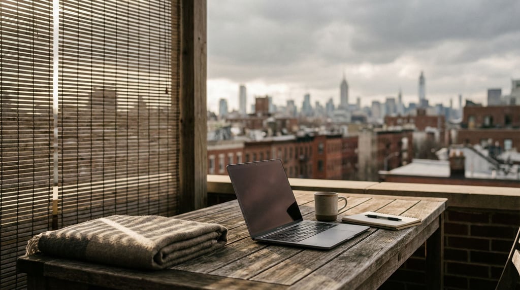 A rooftop workspace setup, laptop on a simple outdoor table, overcast sky, blurred city behind (meppst6x)