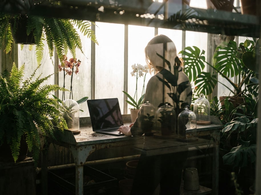 A greenhouse workspace, laptop on a metal potting bench (x27hvcfp)