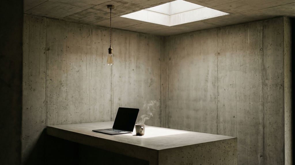 A brutalist concrete office interior, slim laptop on a poured concrete desk, single pendant bulb (aqglrxf)