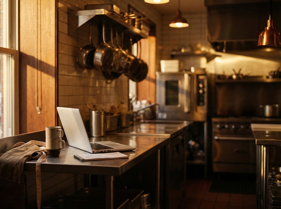 A restaurant kitchen office, laptop on a stainless steel prep station after hours (ofix60u0)