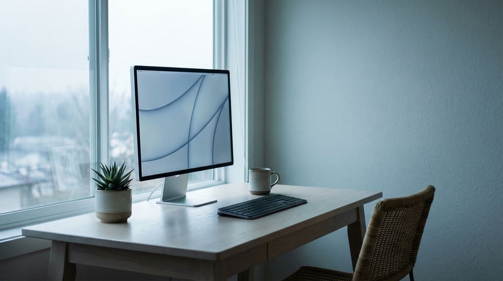 A sleek home office with a slim monitor on a white oak desk, wireless keyboard, single succulent (ogpkouyt)