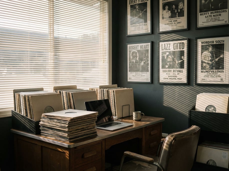A record store office, laptop on a desk surrounded by stacked vinyl (wfriwkf)