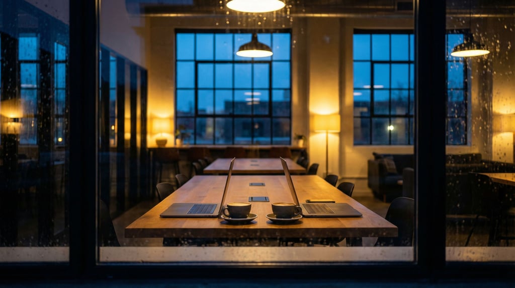 A shared modern coworking table with two laptops facing each other, flat whites between them (nushfrp)