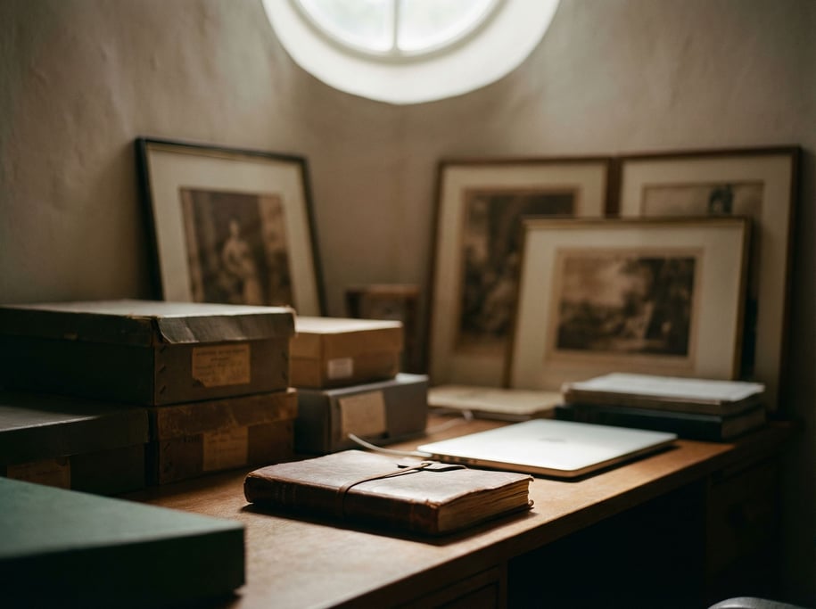 A museum curator's back office, laptop surrounded by archive boxes and framed prints leaning against