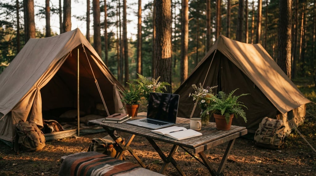 A camping setup workspace, laptop on a portable table outside a tent, forest clearing