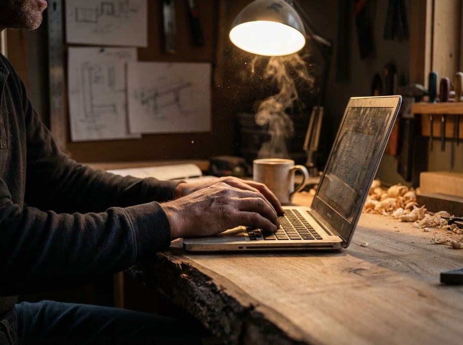 A woodworker's office in the corner of a sawmill, laptop on a live-edge slab desk (r0ftge7s)