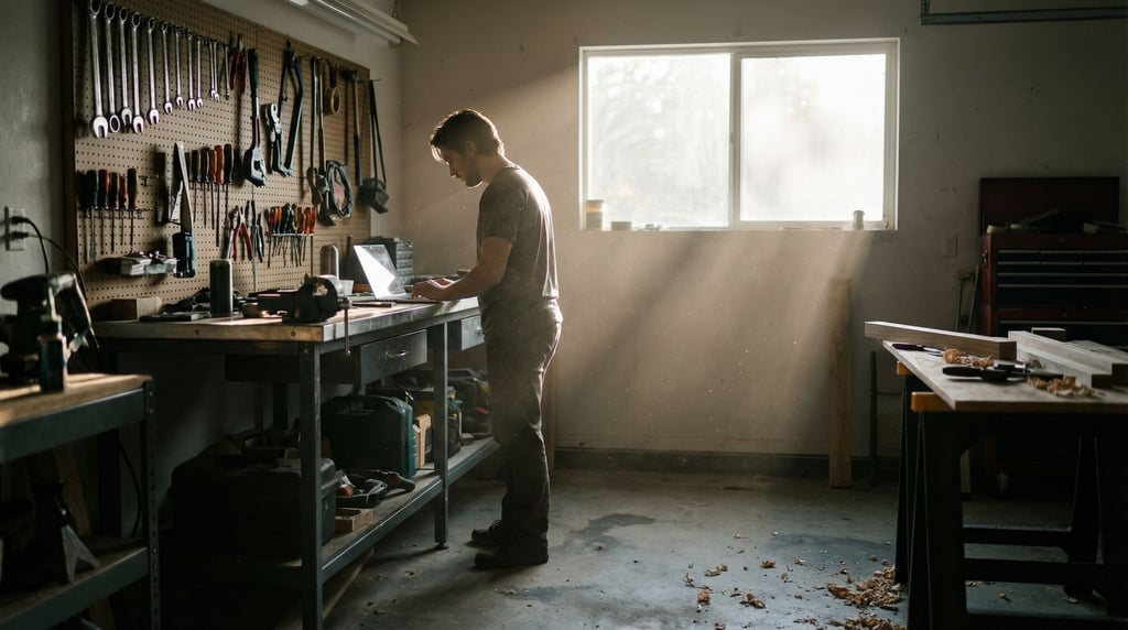 A converted garage workshop, laptop on a steel workbench, tools hanging on pegboard behind (vwlqvytv)