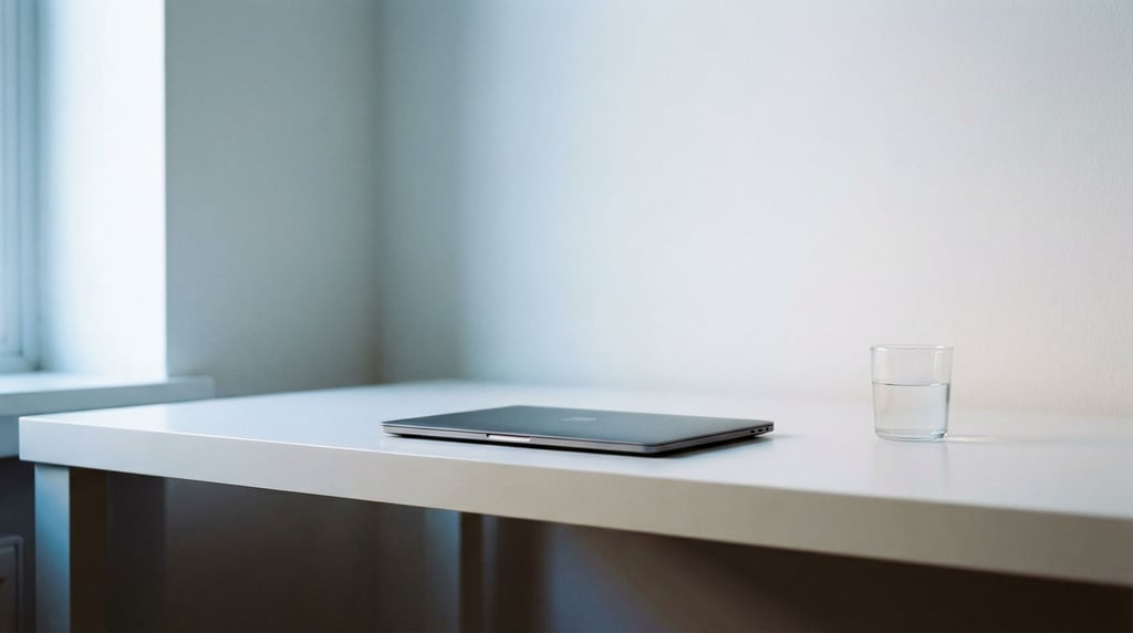 An empty minimal desk with just a closed laptop and a glass of water, clean white walls (fi4krnnt)