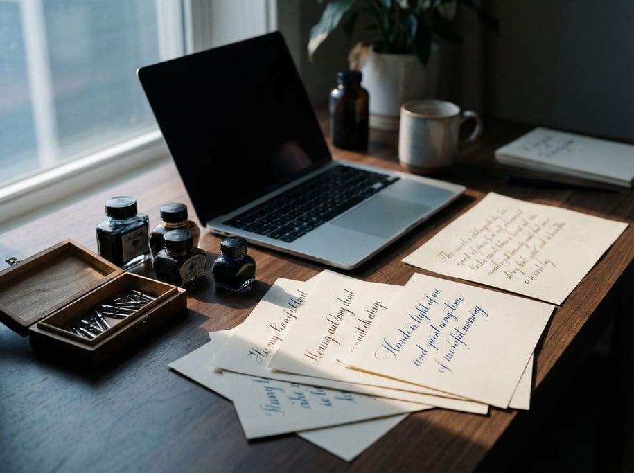 A calligrapher's workspace, laptop next to ink bottles, nibs (vomg3h8t)