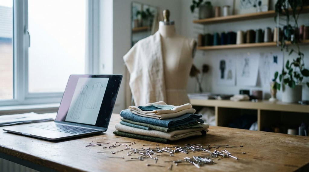 A fashion designer's atelier workspace, laptop next to fabric swatches and a dress form