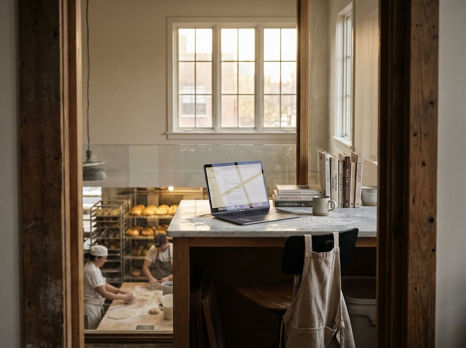 A bakery office above the kitchen, laptop on a flour-dusted marble counter (itcyf2kf)